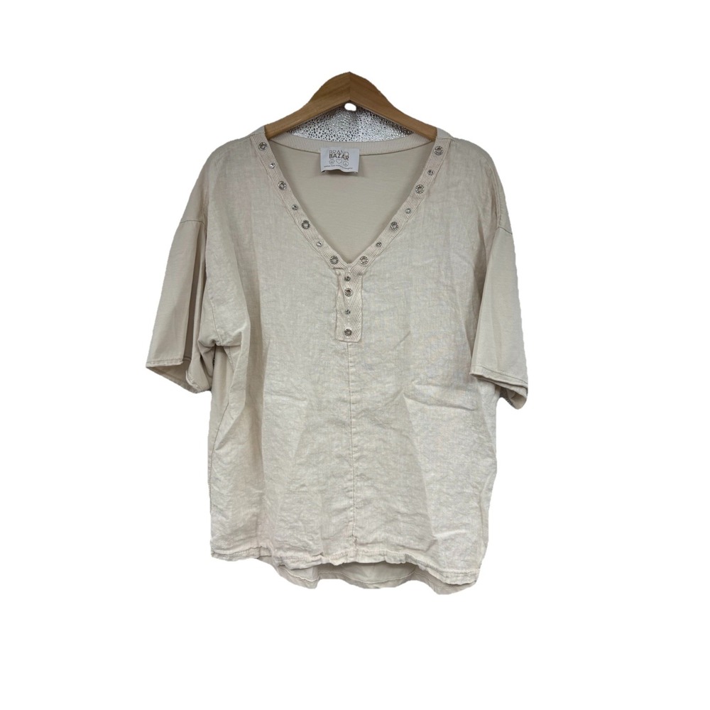 Brand Bazar Beige V Neck Sparkle Grommet Linen Blend T Shirt Loose Womens L/XL